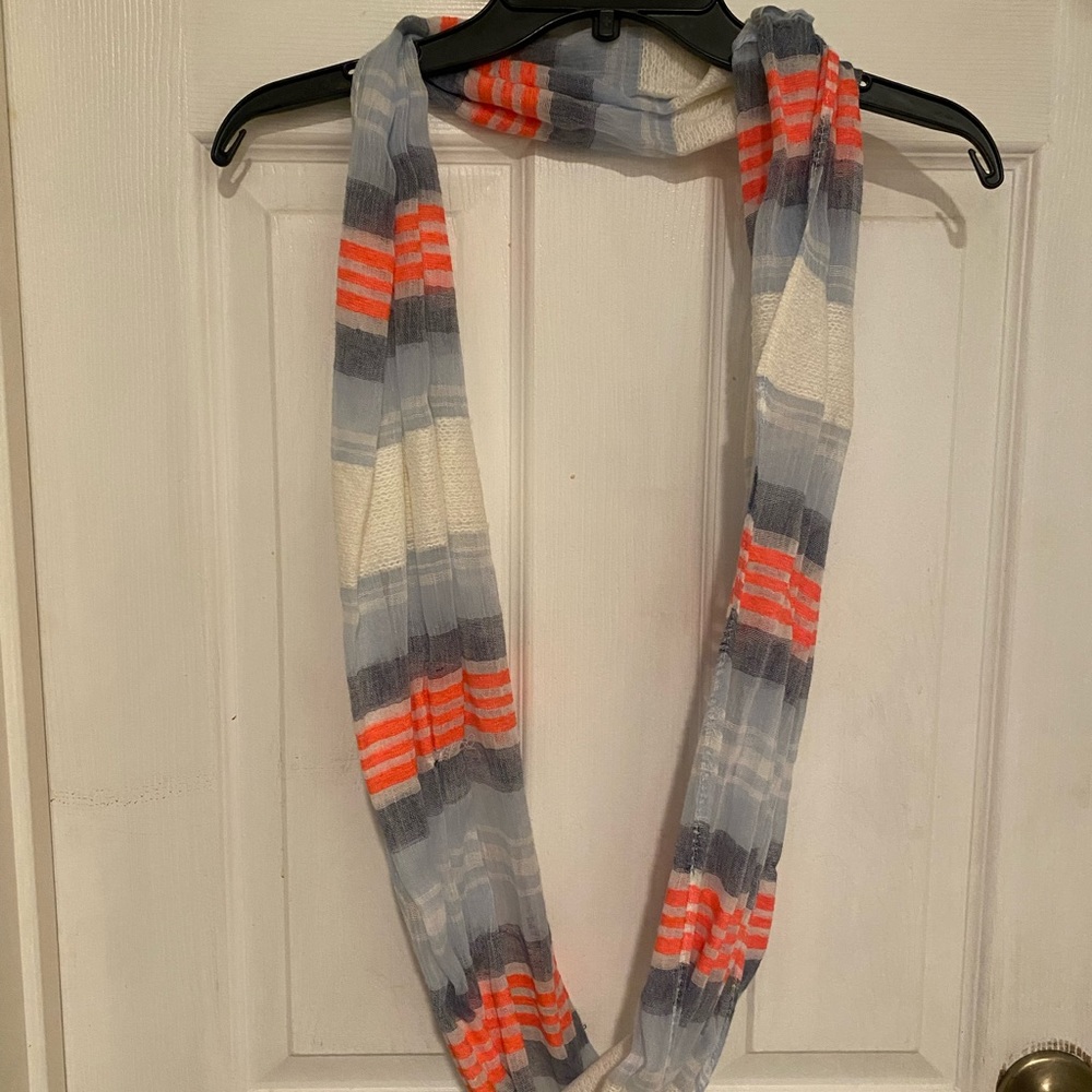 Light weight ￼infinity scarf with coral, white and light blue
